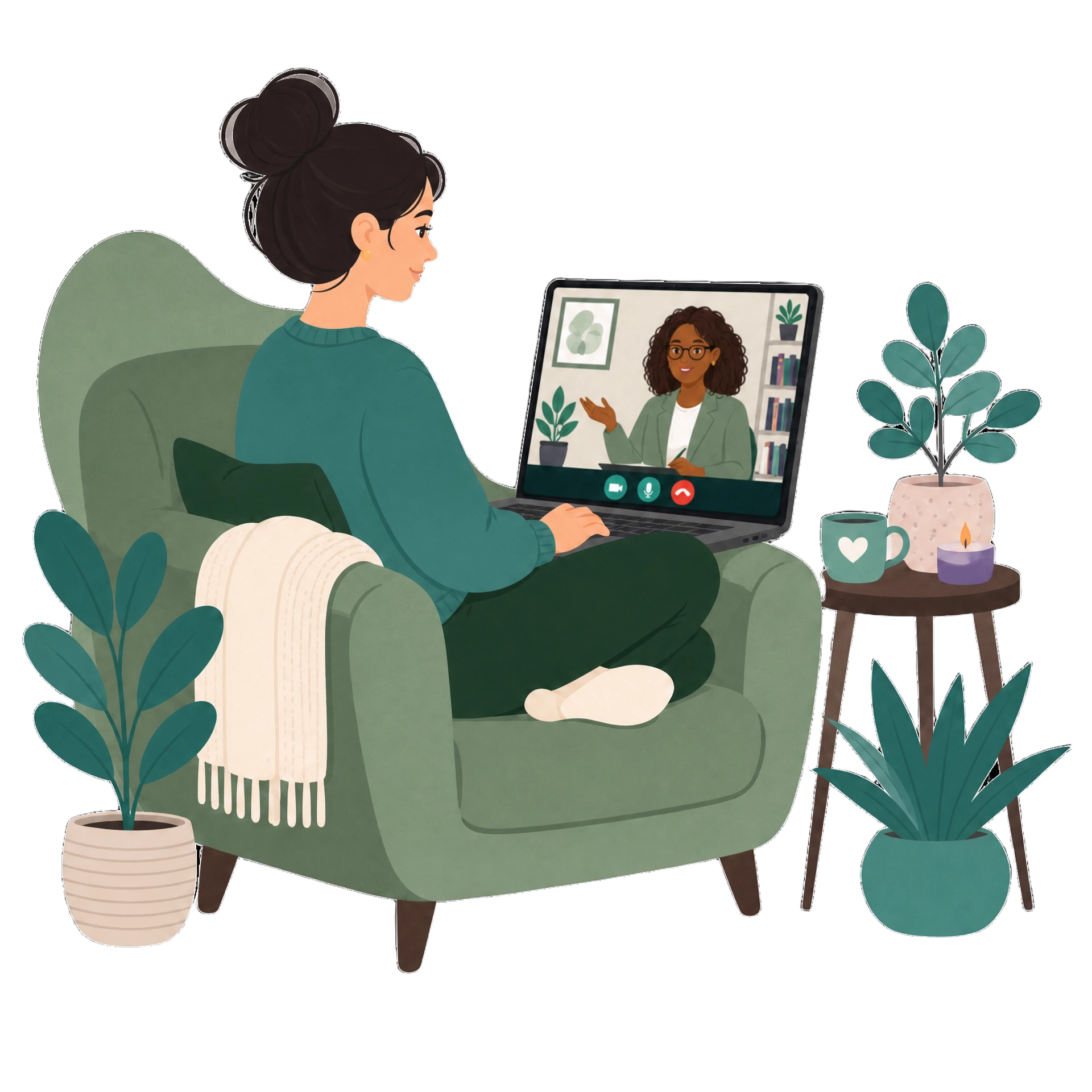 Paciente em sessão de psicoterapia online no conforto de casa